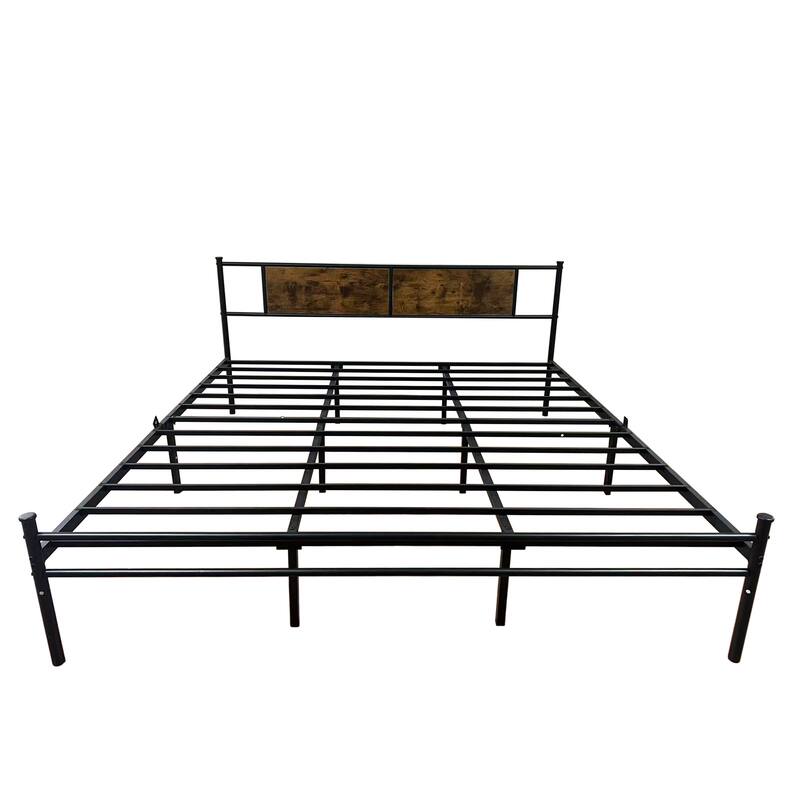 Classic Metal Bed Frames with Wood Headboard, Heavy Duty Metal Platform Bed, No Box Spring Needed
