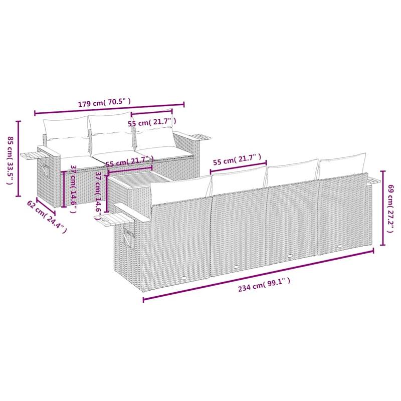 vidaXL 8 Piece Patio Sofa Set with Cushions Grey Poly Rattan (US only) - 92.1x33.5x70.5