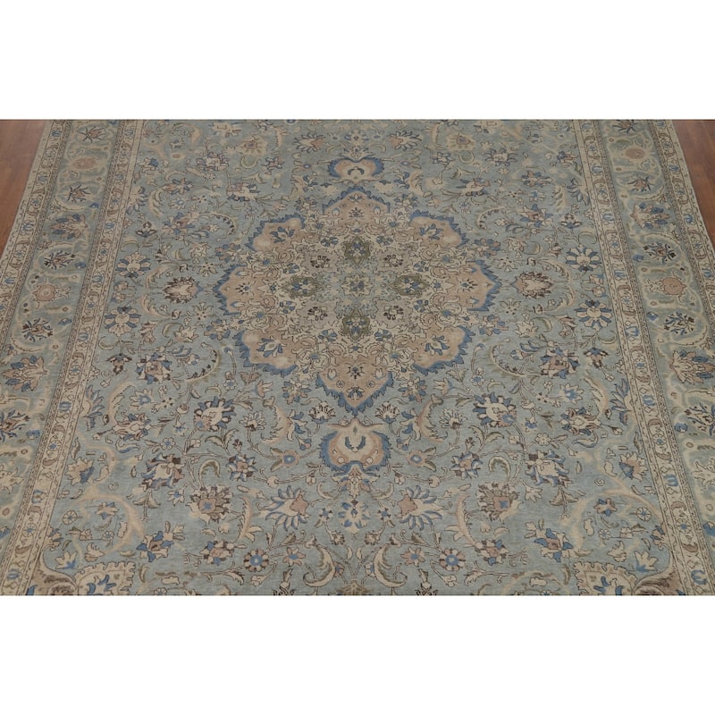 Blue Floral Medallion Tabriz Persian Area Rug Hand-Knotted Wool Carpet - 9'5"x 12'7"