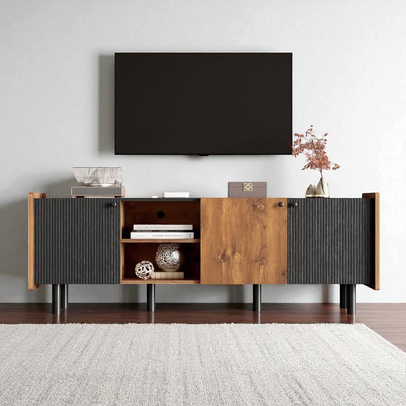 61.8" Mid Century TV Stand for 70 Inch TV, Entertainment Center with 3 Cabinets & Open Storage Shelves - Black