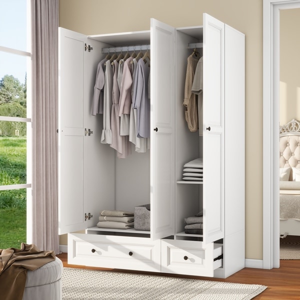 Twin Fins Stylish 3 Door Wardrobe with 2 Drawers Extra Large Storage Durable Bedroom Closet Organizer Size XL White