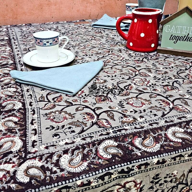 Earthen Vintage Floral Block Print Cotton Tablecloth Collection