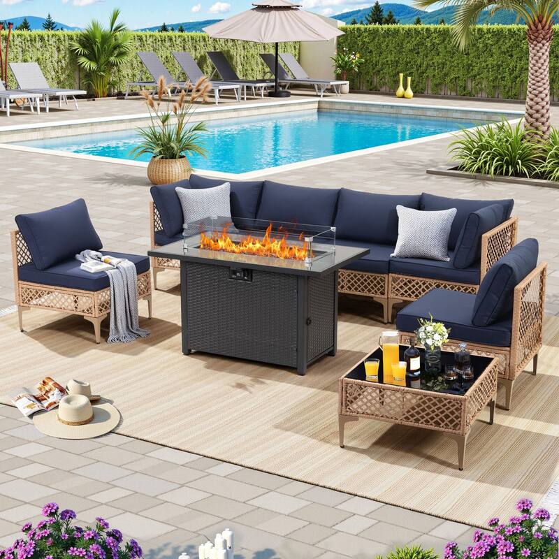 8 PCS Wicker Patio Conversation Set With Fire Table - Yellow/Blue