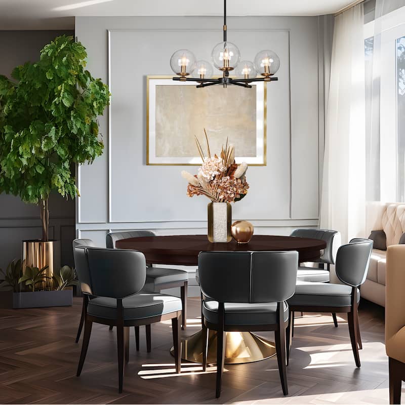 Modern Industrial 5-Light Matte Black/Gold Chandelier Globe Glass Shades Pendant Light Fixture for Dining Room - 22" D x 14" H