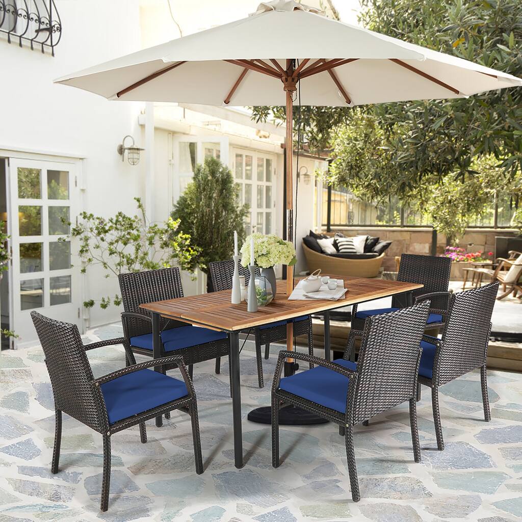 Costway 7PCS Patio Rattan Dining Set with Cushion Umbrella Hole - See details