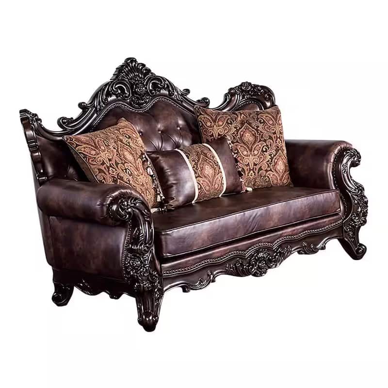 Puhi Loveseat w Accent Pillows, Brown Faux Leather, Ornate Carved 70 Inch