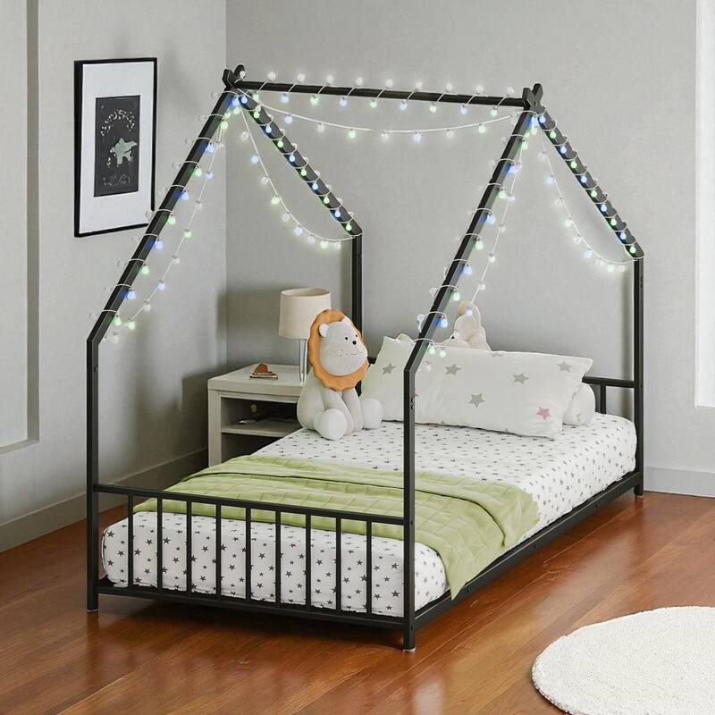 Twin/Full Size Kids Roof-Shaped Metal Bed Frame with Colorful LED Lights, Low Profile Design, 350 lb Capacity