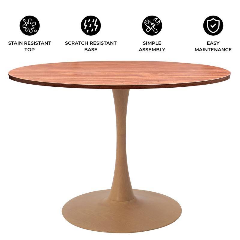Bristol 36" Round Dining Table - MDF Wood Top with Natural Wood Steel Pedestal Base - Modern Kitchen & Dining Room Table