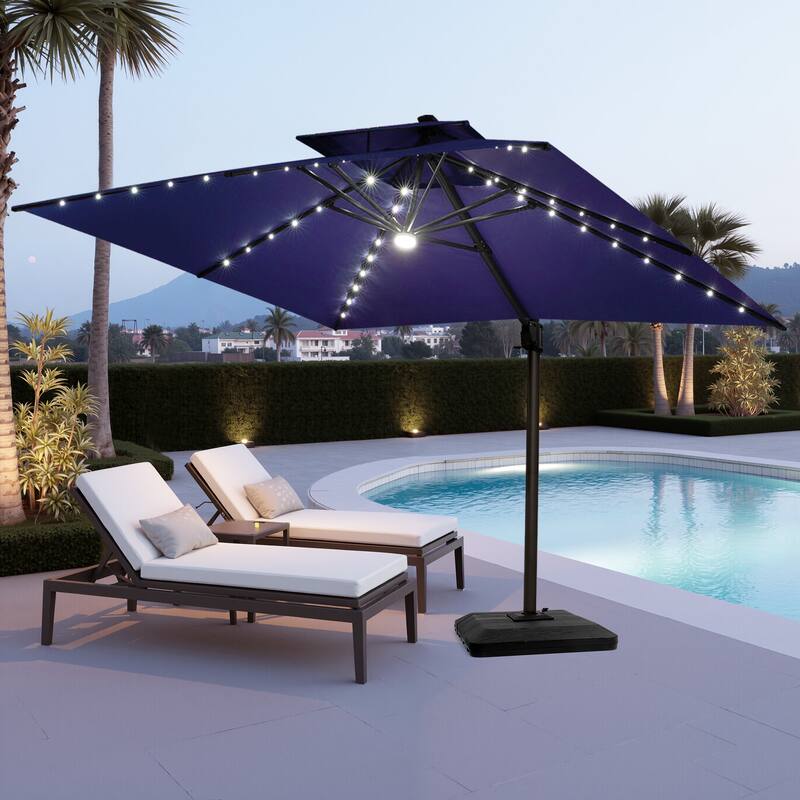 VredHom 11X11 FT Outdoor Square Cantilever Patio Umbrella Aluminum Solar LED Light with HDPE Base - NavyBlue