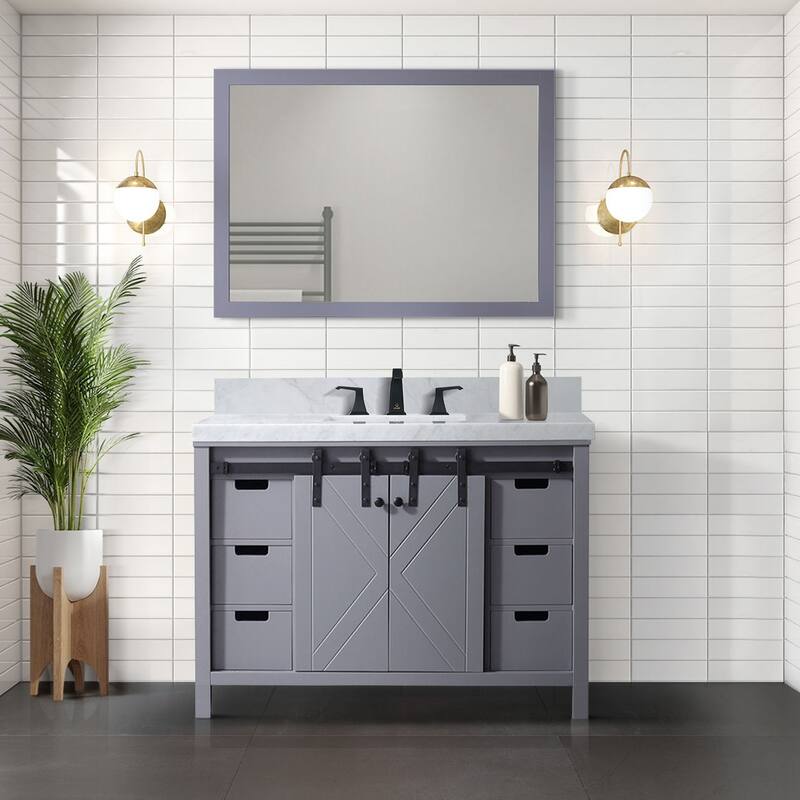Marsyas 48 in W x 22 in D White Bath Vanity, Grey Quartz Countertop, Faucet Set and 44 in Mirror