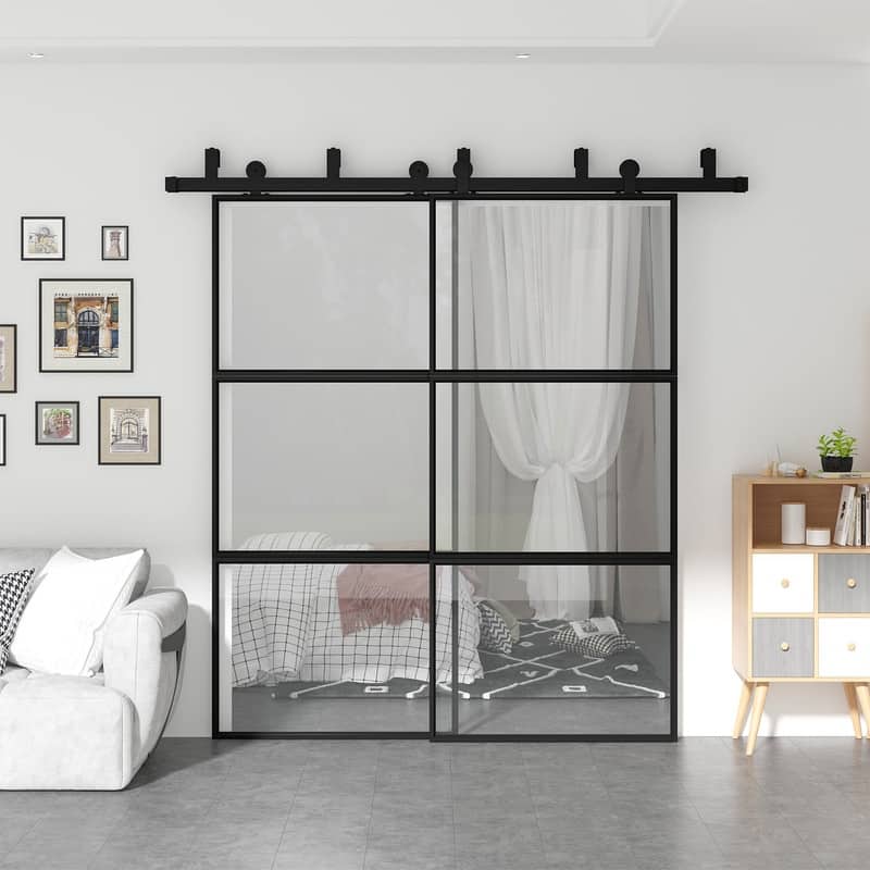 Mixoy Glass Sliding Barn Door and Hardware Included- Clear Tempered Glass,Aluminum Frame,Pre-Drilled,Soft Close - 30" W x 84" H-doubleDoor - Black