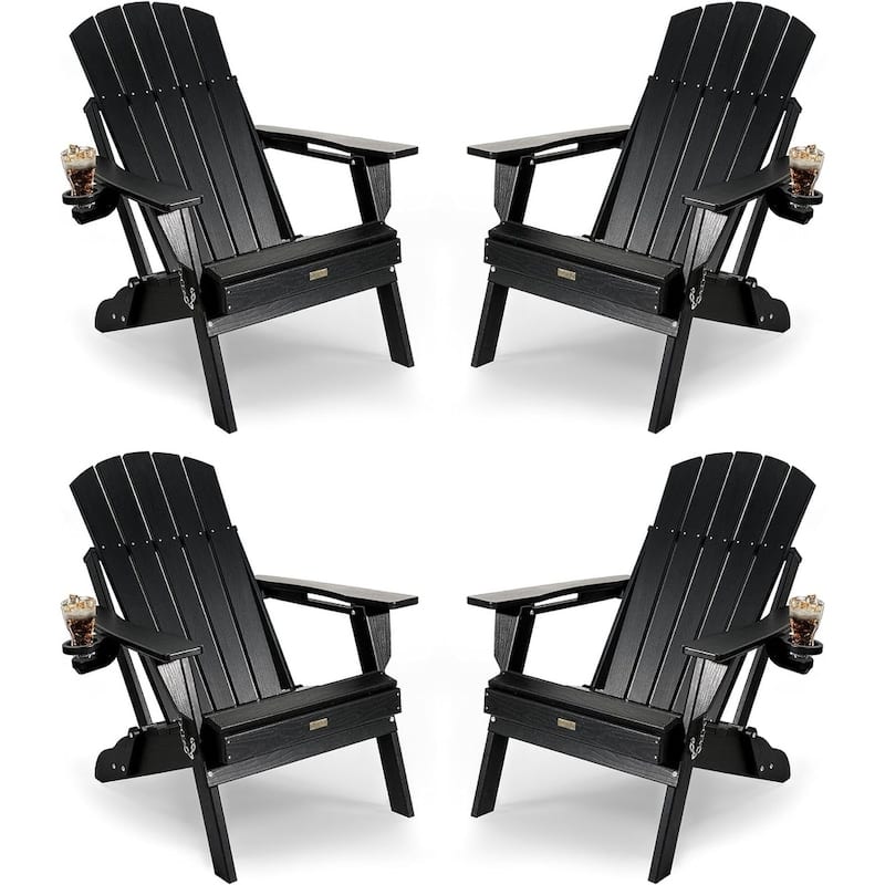 WINSOON All Weather HDPE Outdoor Folding Adirondack Chair With Cup Holder Set of 4 - Black