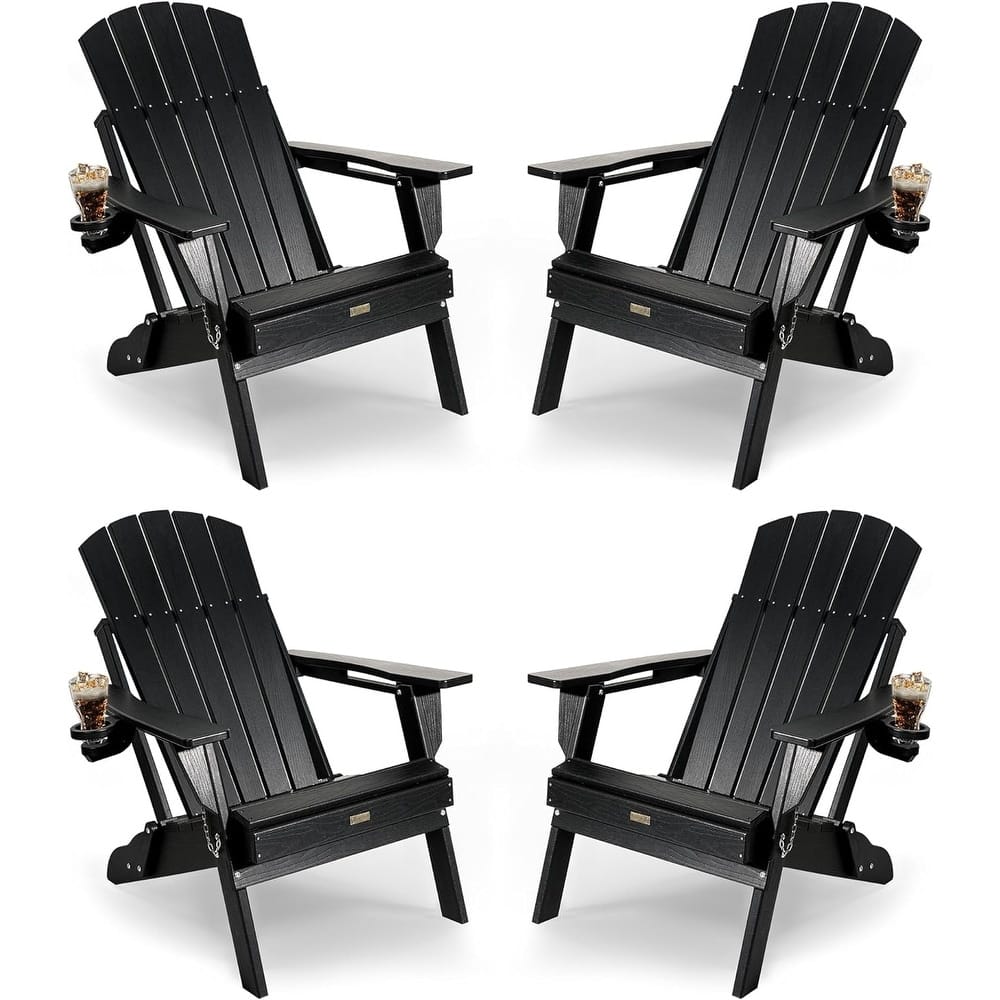 WINSOON All Weather HDPE Outdoor Folding Adirondack Chair With Cup Holder Set of 4