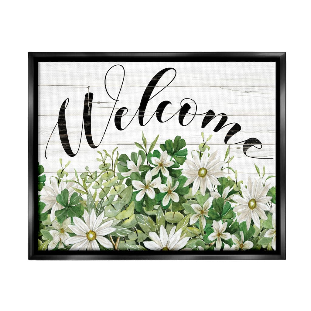 Stupell Welcome Rustic Planked Sign White Flower Blossoms Floater Frame, Design by Cindy Jacobs