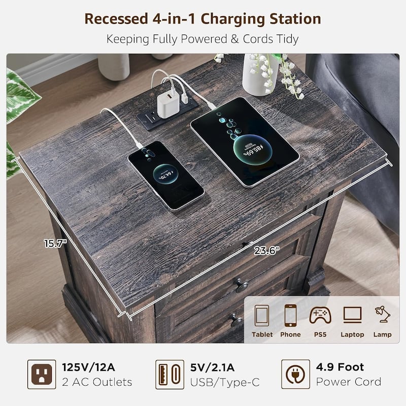 Farmhouse 3 Drawers Nightstand with Charging Station, Rustic End Table