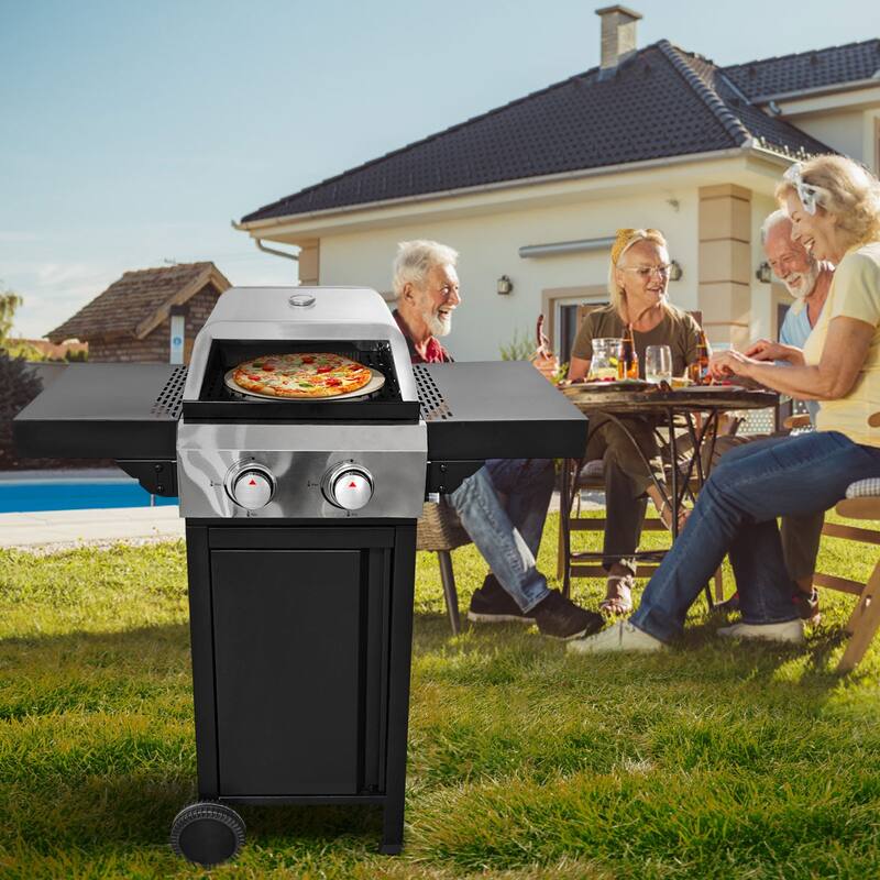 2 Burner Gas Grill and Pizza Oven for Outdoor Cooking While Camping or Tailgating. - Silver/Black