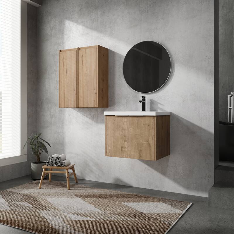 24" Floating Bathroom Vanity with Resin Sink, Side Cabinets, Soft-Close Doors, and Luxury Metal Handles