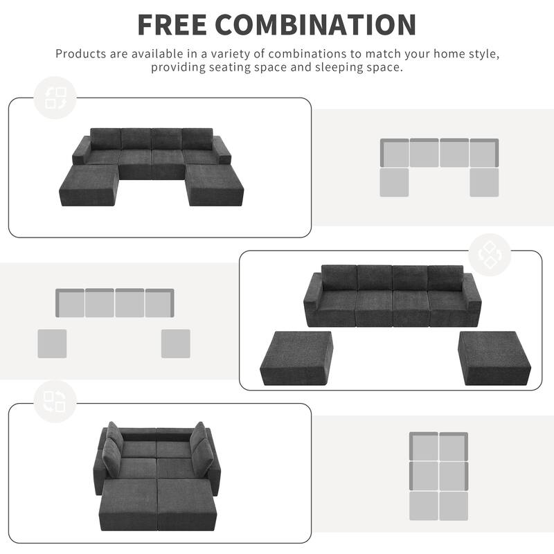 Modular U Shaped Sectional Sofa,Luxury Chenille Floor Couch Set,Foam-Filled Sleeper Sofa Bed,Free Combination，Dark Gray
