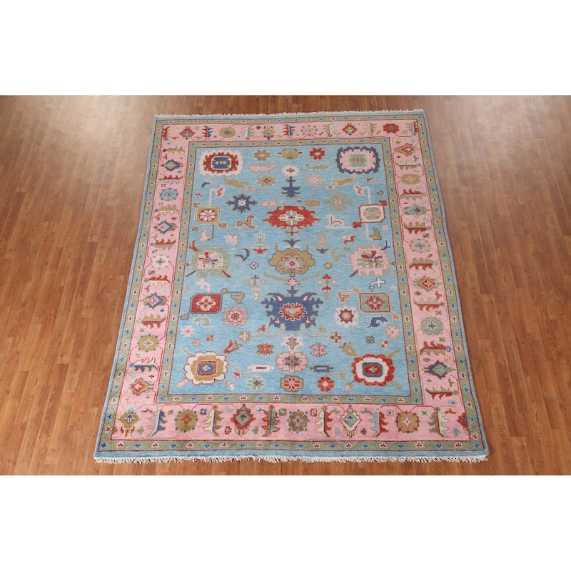 Light Blue Oushak Area Rug Hand-Knotted Transitional Wool Carpet - 7'9"x 9'9"