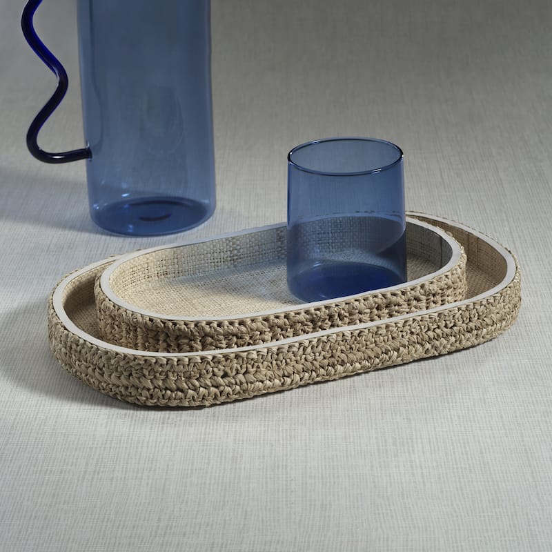 Reggio Loom Oval Raffia Tray with Leather Trim