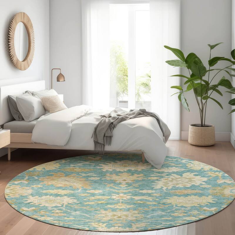 Machine Washable Indoor/ Outdoor Traditional Casual Chantille Rug - Teal - 8' x 8'