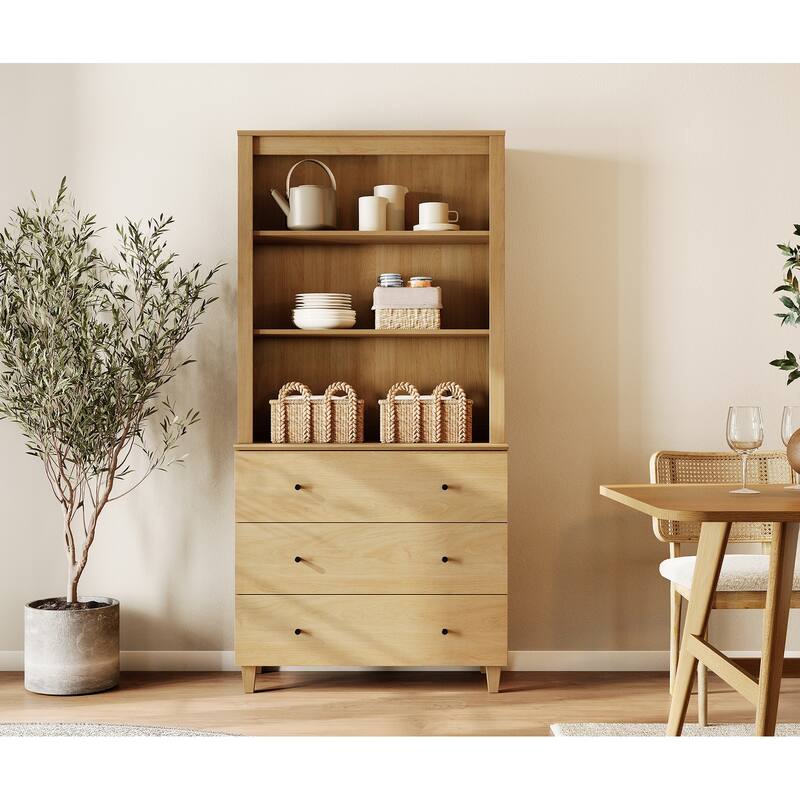 Modern 71" Tall Pantry Cabinet with Drawers & Adjustable Shelf for Kitchen - 3 Drawers - Oak Wood