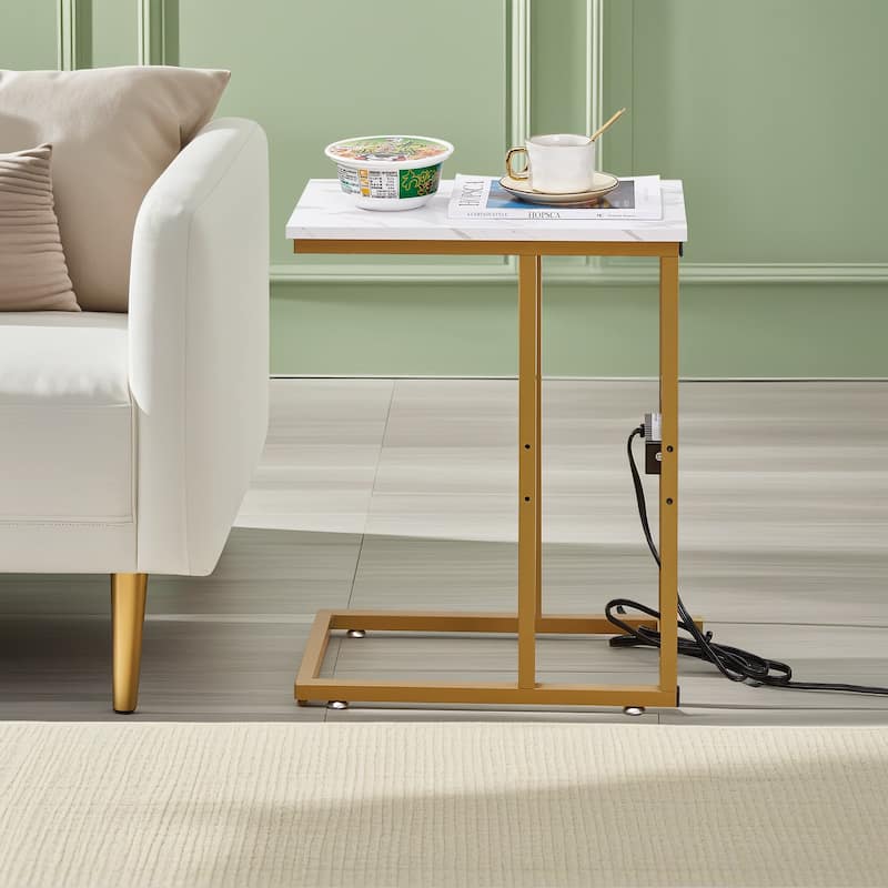 Javlergo C Shaped Side Table Small End Table with Charging Station 2 Outlets & 2 USB Ports for Small Spaces Living Room