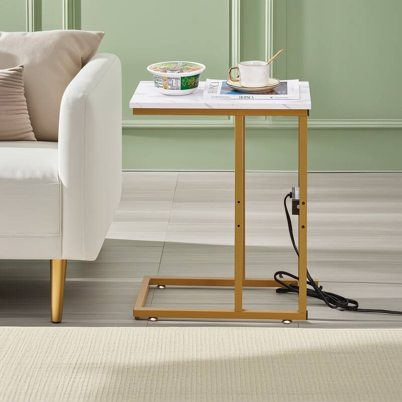 VECELO C Shaped End Table with Charging Station Sofa Table with USB Ports and Outlets C Couch Rustic Snack Bed Table - 11x19x24