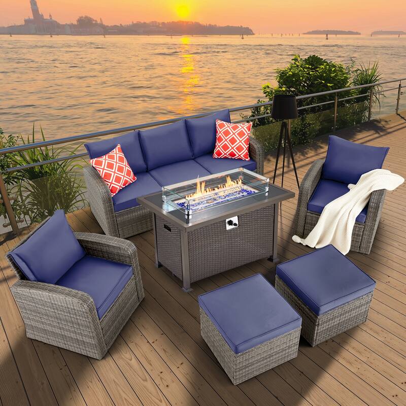 6-Piece Rattan Patio Set with Fire Pit Table, Outdoor Conversation Set with Cushions, Weather-Resistant Sofa Sectional