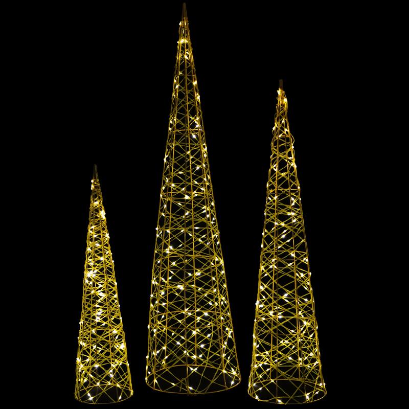 Set of 3 LED Twinkle Lighted Gold Mesh Cone Trees Outdoor Christmas Decorations 39.5" - 39.5