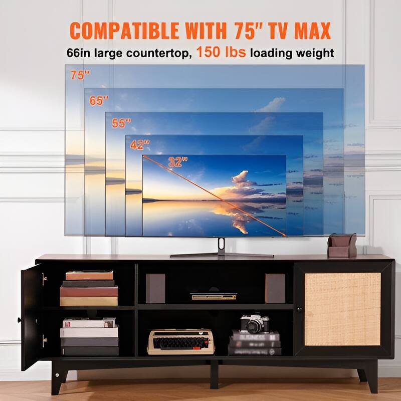 Rattan TV Stand for 75 Inch TV Mid Century Modern Cabinet with Storage - 17.4x17.4x13.8in