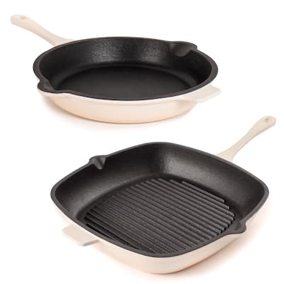BergHOFF Neo 2pc Cast Iron 10" Fry Pan & 11" Grill Pan Cookware Set, Meringue