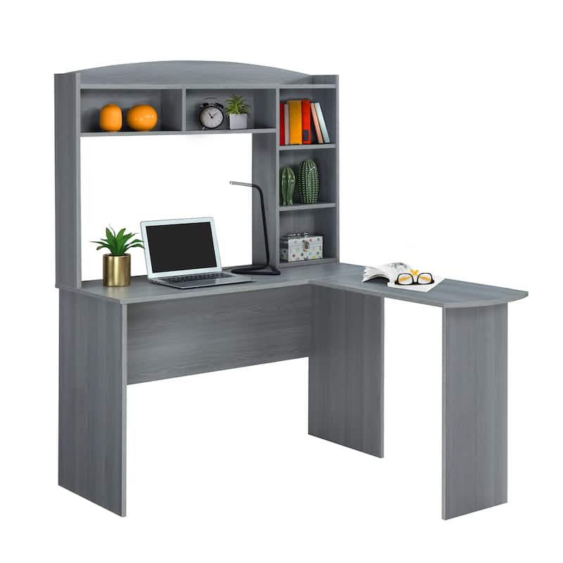 Modern L-Shaped Computer Desk with Storage and Shelves - Gray Color