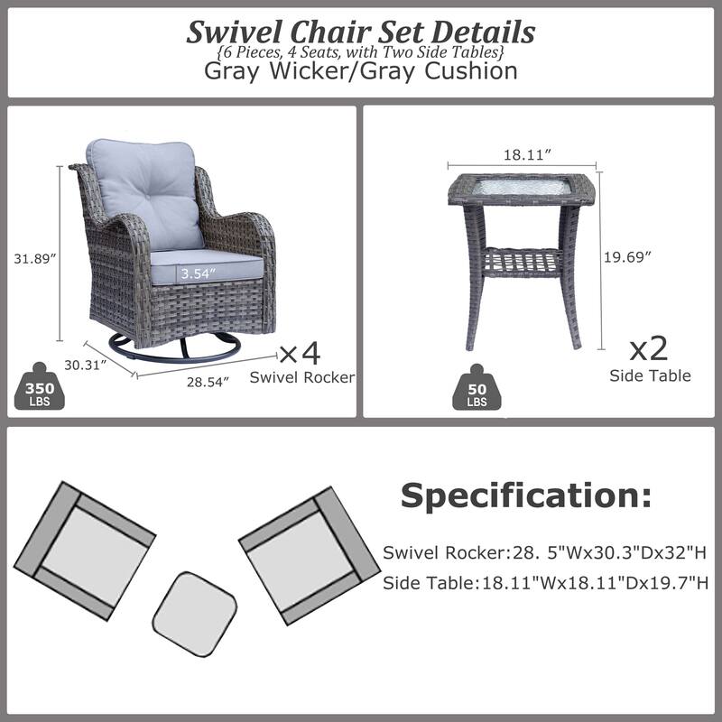 Gray Rattan Outdoor Patio Conversation Sets with Swivel Rocker Chairs