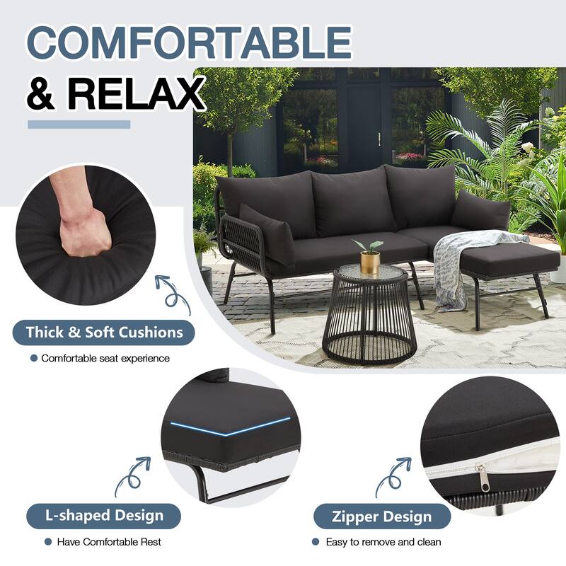 Sectional Wicker Conversation Sofa Set, 3 Piece Patio Furniture Set with Thick Cushions and Toughened Glass Coffee Table