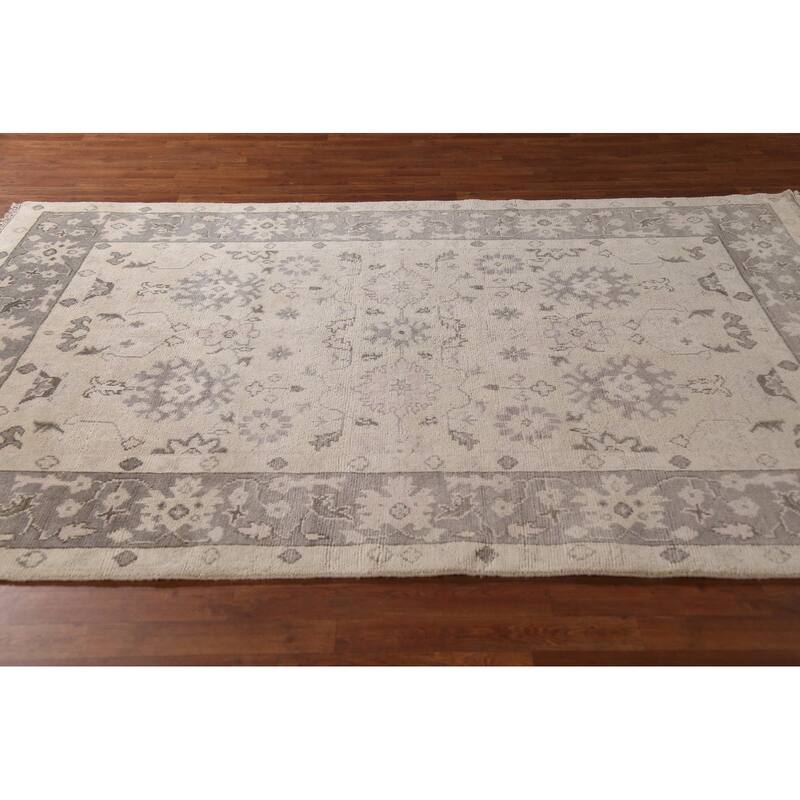 Ivory Oushak Indian Area Rug Hand-Knotted Wool Carpet - 6'3"x 8'8"