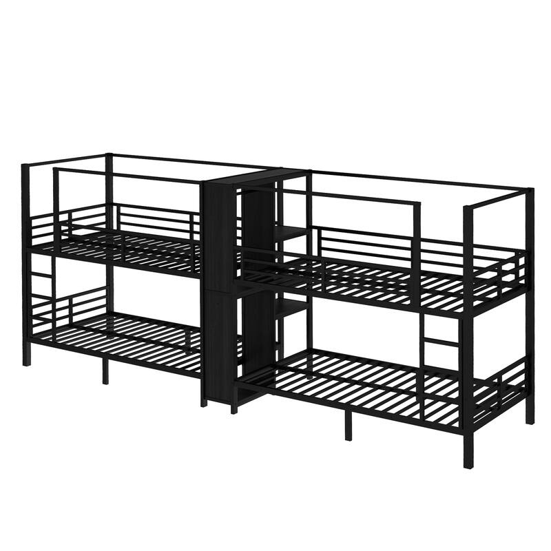 Quadruple Metal Bunk Bed with Built-in Storage Shelves & Wardrobe, Sturdy Black Frame