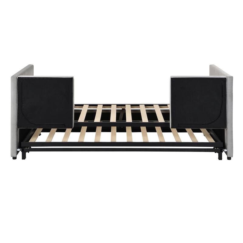 Grey Twin Daybed with Upholstered Finish and Pop-Up Trundle - No Box Spring Required