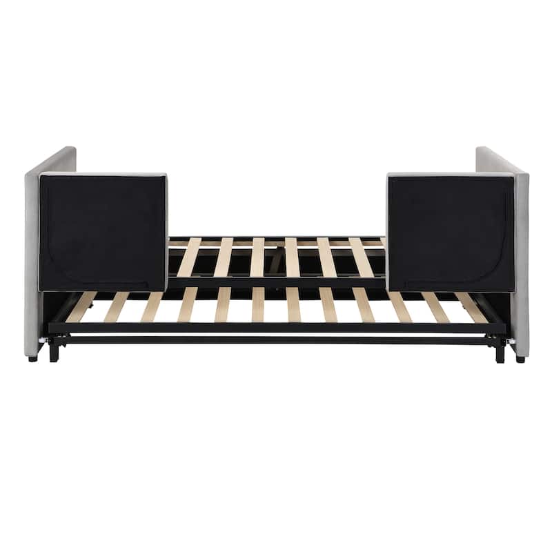 Grey Upholstered Twin Size Daybed with Pop Up Trundle, Multi-Functional Design