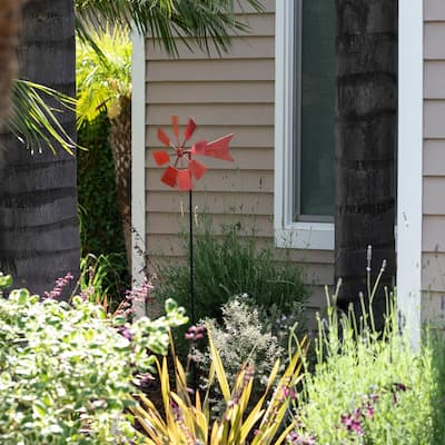 Alpine Corporation 52" Tall Outdoor Metal Windmill Spinner Stake Yard Decoration, Red