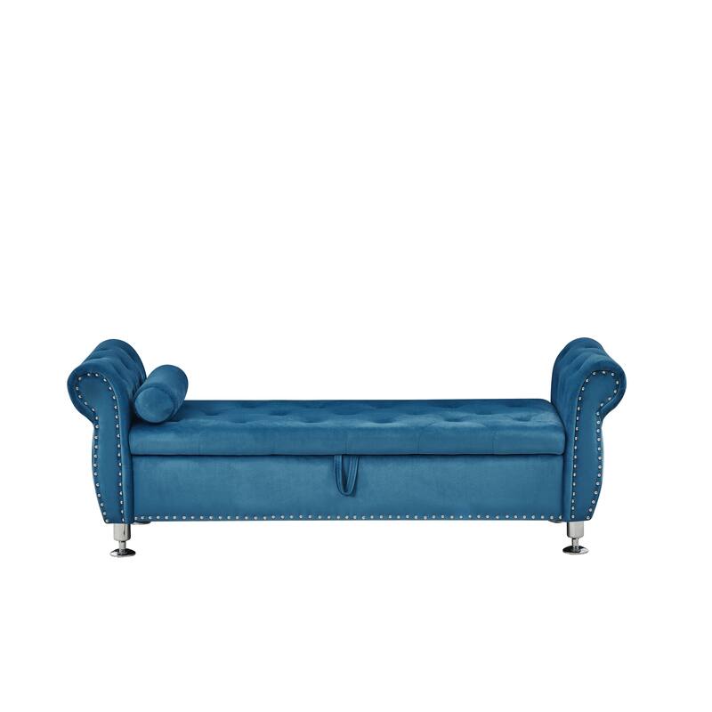 Velvet Storage Bench End of Bed Bench with Crystal Buttons, Vanity Bench Leisure Bench Accent Bench with 1 Pillow