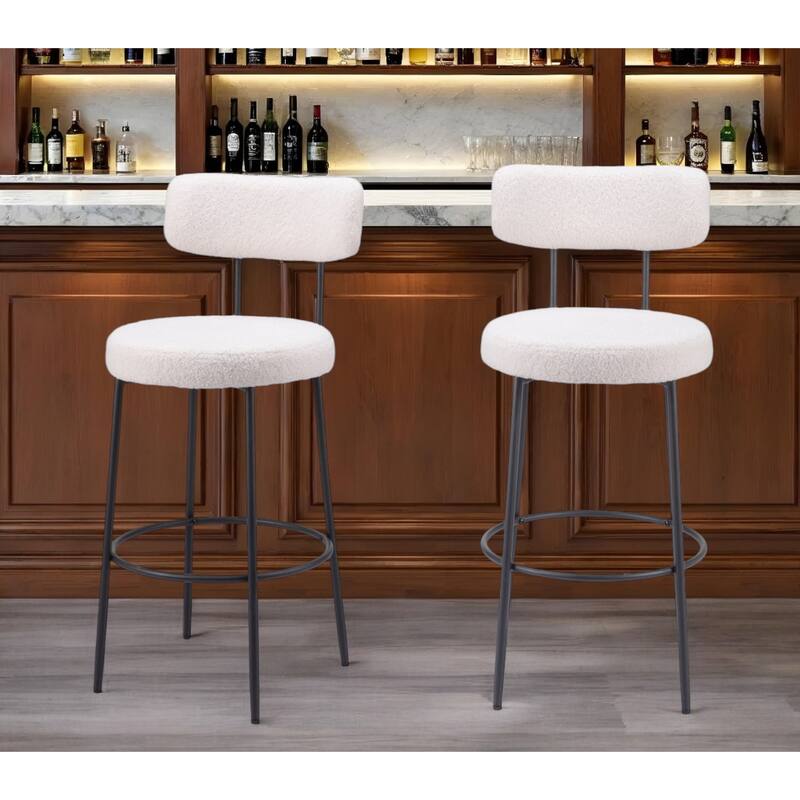 Set of Two 29" Ivory And Black Shearling And Steel Low Back Bar Height Bar Chairs - Ivory