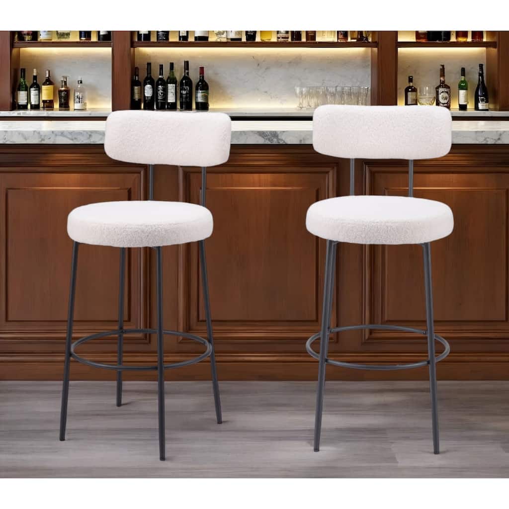 Set of Two 29" Ivory And Black Shearling And Steel Low Back Bar Height Bar Chairs