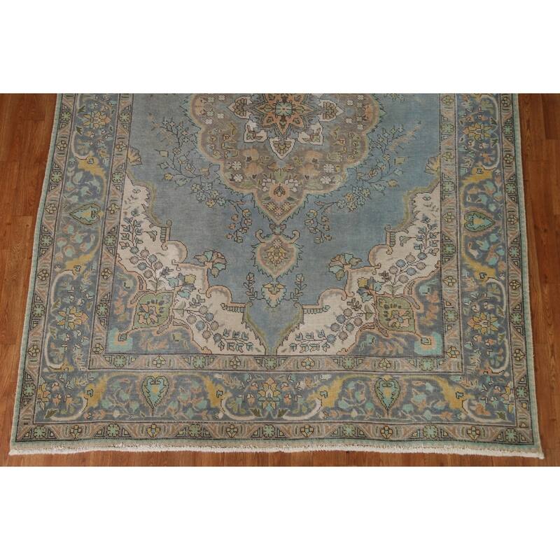 Hand Knotted Oriental 100% Wool Carpet Traditional Medallion Navy Blue & Blues Tabriz Area Rug - 9' 4'' X 6' 8''