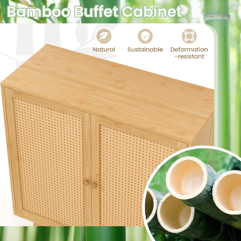 Gymax 2PCS Bamboo Buffet Cabinet w/ PE Rattan Doors Freestanding
