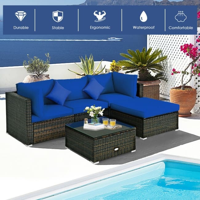 5 Pcs Outdoor Patio Rattan Furniture Set Sectional Conversation with Cushions - 29.5'' x 29.5'' x 25.5'' (L x W xH)