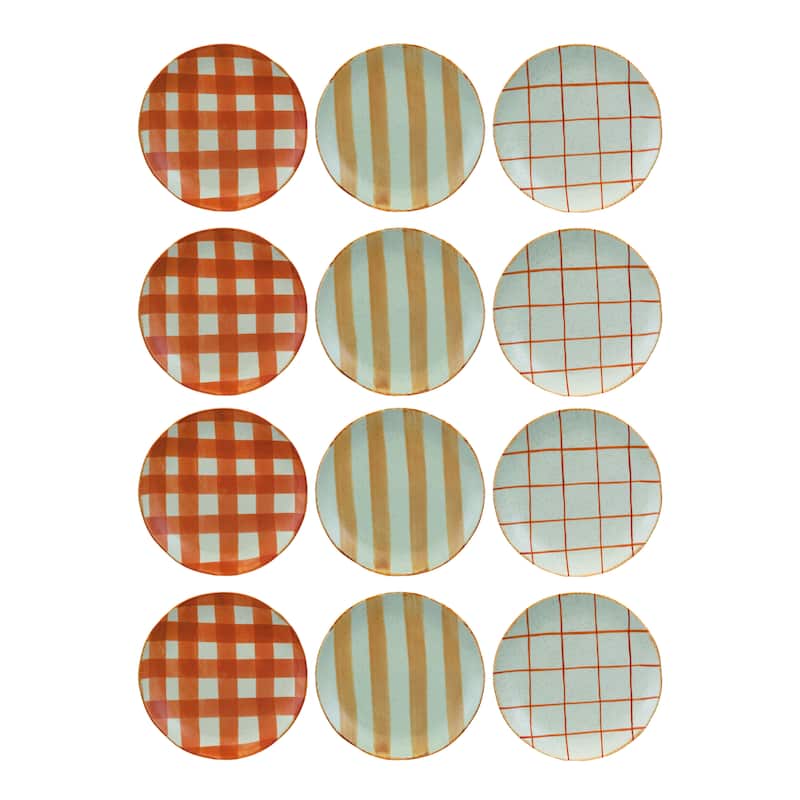 Hand-Painted Stoneware Plate with 3 Various Pattern, Set of 12