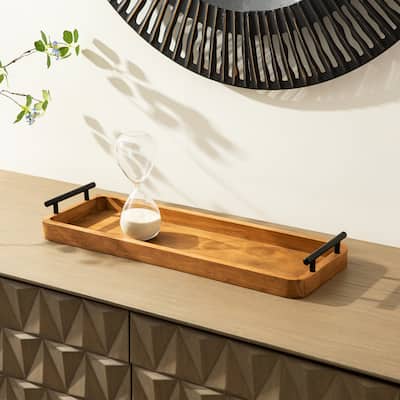 Glitzhome Set of 2 Rectangle Antique Wood Decorative Trays with Metal Handles