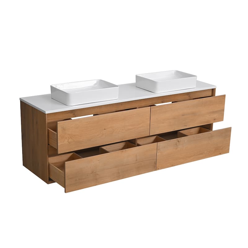 Sylphar 72 inch Toffee Oak Floating Bathroom Vanity with White Quartz Top