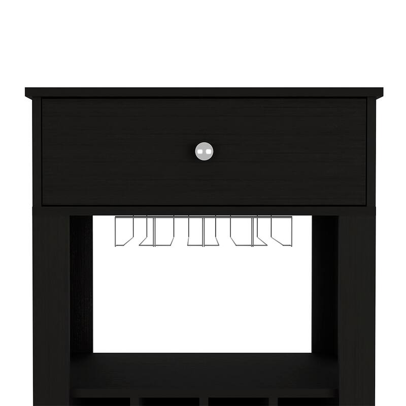Modern Bar Cart Bayamon with Twelve Wine Cubbies, Open Shelf & Black Wengue Finish - 27.44" Superior Top